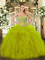Floor Length Lace Up Quinceanera Dress Olive Green for Sweet 16 and Quinceanera with Beading and Ruffles