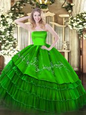 Fine Green Organza and Taffeta Zipper Quinceanera Dresses Sleeveless Floor Length Embroidery and Ruffled Layers