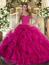 Lovely Fuchsia Lace Up Quinceanera Gown Ruffles Sleeveless Floor Length