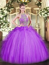 Tulle Halter Top Sleeveless Lace Up Beading and Ruffles Sweet 16 Quinceanera Dress in Lavender