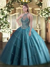 Fantastic Teal Tulle Lace Up Halter Top Sleeveless Floor Length Quince Ball Gowns Beading