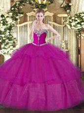 Fuchsia Lace Up Quinceanera Dresses Beading and Ruffled Layers Sleeveless Floor Length