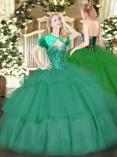 Luxury Turquoise Sweet 16 Dress Military Ball and Sweet 16 and Quinceanera with Beading and Ruffled Layers Sweetheart Sleeveless Lace Up