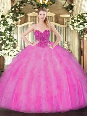 Fabulous Sweetheart Sleeveless Sweet 16 Dresses Floor Length Beading and Ruffles Fuchsia Organza