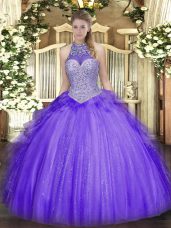 Luxury Halter Top Sleeveless Lace Up 15th Birthday Dress Lavender Tulle