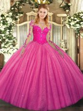 Hot Pink Scoop Neckline Lace Quinceanera Dress Long Sleeves Lace Up