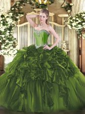High Class Olive Green Sleeveless Organza Lace Up Sweet 16 Dress for Military Ball and Sweet 16 and Quinceanera