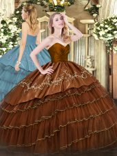 Modern Brown Sleeveless Embroidery and Ruffled Layers Floor Length Quinceanera Dresses