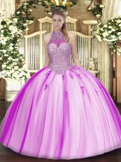 Fuchsia Halter Top Neckline Beading and Appliques 15 Quinceanera Dress Sleeveless Lace Up