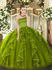 Floor Length Olive Green 15th Birthday Dress Strapless Sleeveless Zipper