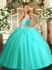 Pretty Sleeveless Floor Length Beading and Pick Ups Lace Up Quinceanera Dress with Apple Green