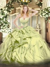 Modest Olive Green Ball Gowns Sweetheart Sleeveless Organza Floor Length Lace Up Beading and Ruffles Sweet 16 Quinceanera Dress