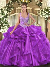 Eggplant Purple Ball Gowns Beading and Ruffles Sweet 16 Quinceanera Dress Lace Up Organza Sleeveless Floor Length