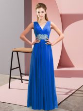 Dazzling Blue Empire V-neck Sleeveless Chiffon Floor Length Lace Up Beading and Ruching Prom Dress