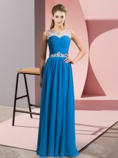 High Class Blue Empire Beading Party Dress Wholesale Clasp Handle Chiffon Sleeveless Floor Length