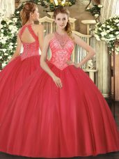 Trendy Floor Length Red Quinceanera Gown High-neck Sleeveless Lace Up