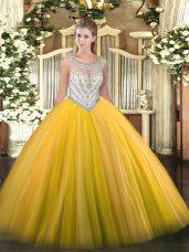 Customized Floor Length Gold Quinceanera Dress Tulle Sleeveless Beading