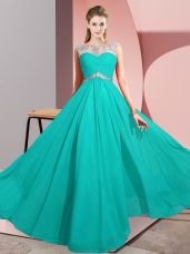 Fancy Turquoise Clasp Handle Prom Gown Beading Sleeveless Floor Length