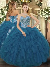 Eye-catching Ball Gowns Ball Gown Prom Dress Teal Sweetheart Tulle Sleeveless Floor Length Lace Up