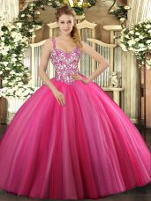 Chic Straps Sleeveless Lace Up Quinceanera Gowns Hot Pink Tulle