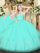 Sweetheart Sleeveless Tulle 15th Birthday Dress Beading and Lace and Ruffled Layers Zipper