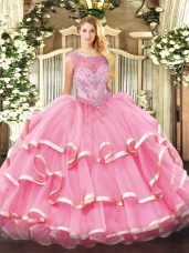 Rose Pink Scoop Neckline Beading and Ruffled Layers Vestidos de Quinceanera Sleeveless Zipper