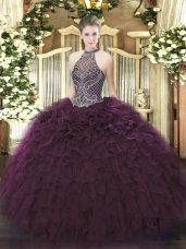 Flirting Halter Top Sleeveless Lace Up Quinceanera Dresses Dark Purple Organza
