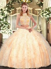 Tulle Halter Top Sleeveless Criss Cross Beading and Ruffles Quinceanera Dress in Peach