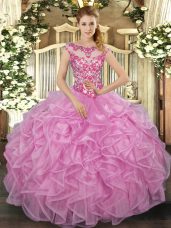 Floor Length Lilac Quinceanera Gown Organza Cap Sleeves Beading and Appliques and Ruffles