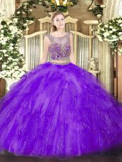 Suitable Lavender Lace Up 15th Birthday Dress Beading and Ruffles Sleeveless Floor Length