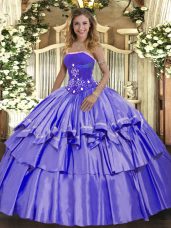 Luxury Lavender Ball Gowns Organza and Taffeta Strapless Sleeveless Beading and Ruffled Layers Floor Length Lace Up Sweet 16 Dress