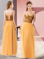 Fancy Gold Tulle Lace Up Sweetheart Sleeveless Floor Length Homecoming Dress Sequins