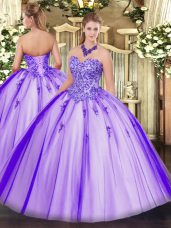 Sweetheart Sleeveless Sweet 16 Dress Floor Length Appliques Lavender Tulle