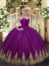 Purple Ball Gowns Appliques Sweet 16 Quinceanera Dress Zipper Tulle Sleeveless Floor Length