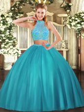 Fine Aqua Blue Sleeveless Tulle Criss Cross 15th Birthday Dress for Military Ball and Sweet 16 and Quinceanera