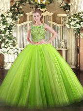 Tulle Scoop Sleeveless Lace Up Beading Ball Gown Prom Dress in Green