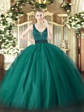 Ball Gowns Quince Ball Gowns Teal Straps Tulle Sleeveless Floor Length Zipper
