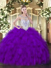 Fantastic Purple Zipper 15th Birthday Dress Beading and Ruffles Sleeveless Floor Length