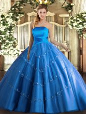 Designer Appliques Sweet 16 Dresses Blue Lace Up Sleeveless Floor Length