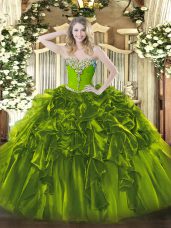 Cute Olive Green Lace Up Sweetheart Beading and Ruffles Ball Gown Prom Dress Organza Sleeveless