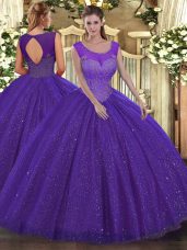 Customized Purple Tulle Backless Scoop Sleeveless Floor Length Ball Gown Prom Dress Beading
