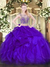 Cheap Sleeveless Organza Floor Length Lace Up Quinceanera Gowns in Purple with Beading and Ruffles