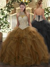 Modern Sleeveless Floor Length Beading and Ruffles Lace Up Quinceanera Dresses with Brown