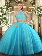 Designer Aqua Blue Sleeveless Tulle Criss Cross Vestidos de Quinceanera for Military Ball and Sweet 16 and Quinceanera