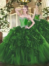 Sleeveless Floor Length Beading and Ruffles Lace Up Ball Gown Prom Dress with Dark Green