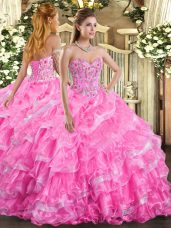 Rose Pink Organza Lace Up Sweetheart Sleeveless Floor Length Vestidos de Quinceanera Embroidery and Ruffled Layers
