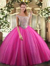 Hot Pink Sleeveless Beading Floor Length Quinceanera Dresses
