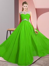 Classical Scoop Sleeveless Evening Dress Floor Length Beading Green Chiffon