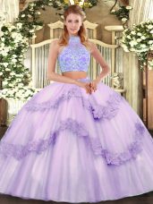 Fashion Lavender Tulle Lace Up Halter Top Sleeveless Floor Length 15th Birthday Dress Beading and Appliques and Ruffles
