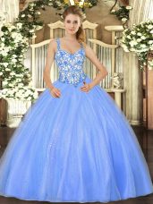 Sleeveless Organza Floor Length Lace Up Sweet 16 Dress in Baby Blue with Beading and Appliques